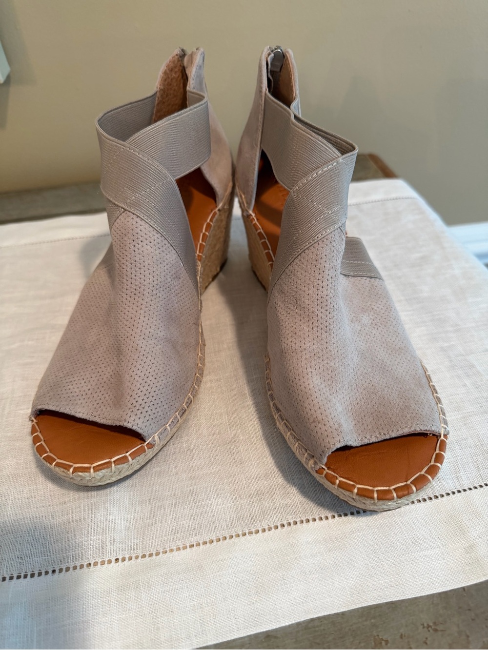Women’s Gentle Souls Taupe Suede Wedge Sandals with Elastic Cross Straps